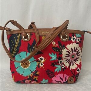 Spartina 449 Vibrant Red Floral Brown Leather Accents/Trim Tote Bag Purse 🌺🌺